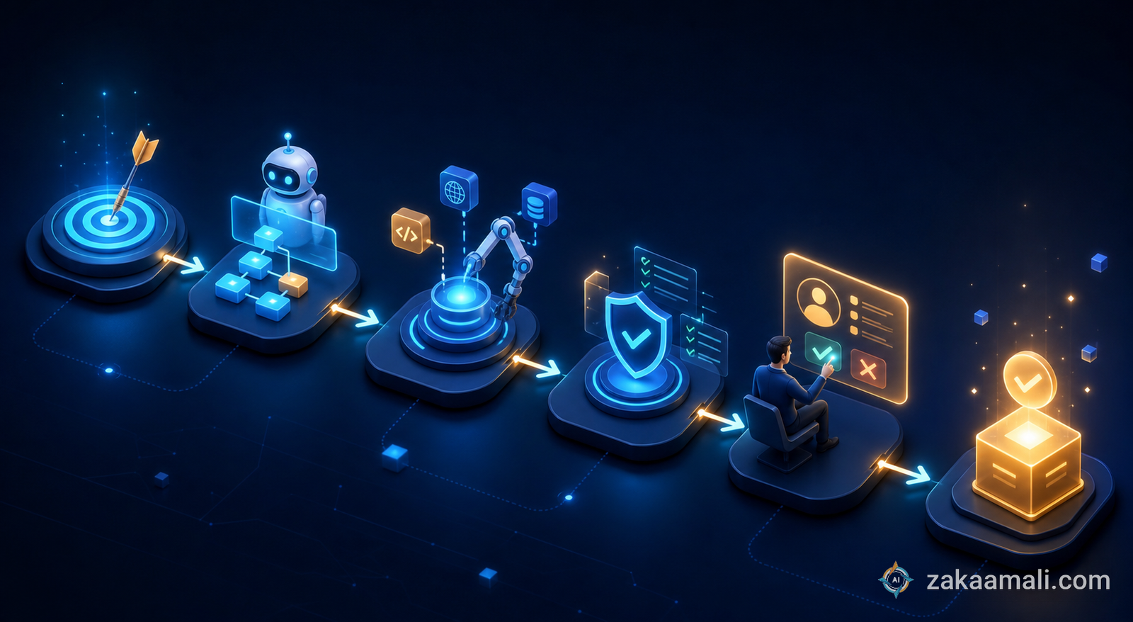 مخطط يوضح دورة عمل وكيل الذكاء الاصطناعي من الطلب إلى التحقق والموافقة