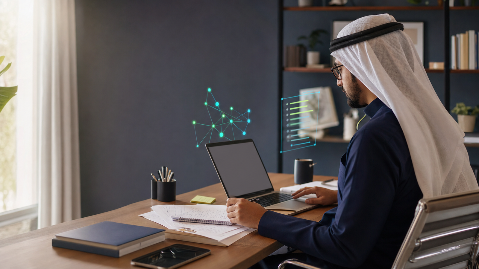 كاتب عربي يراجع مسودة على شاشة حاسوب