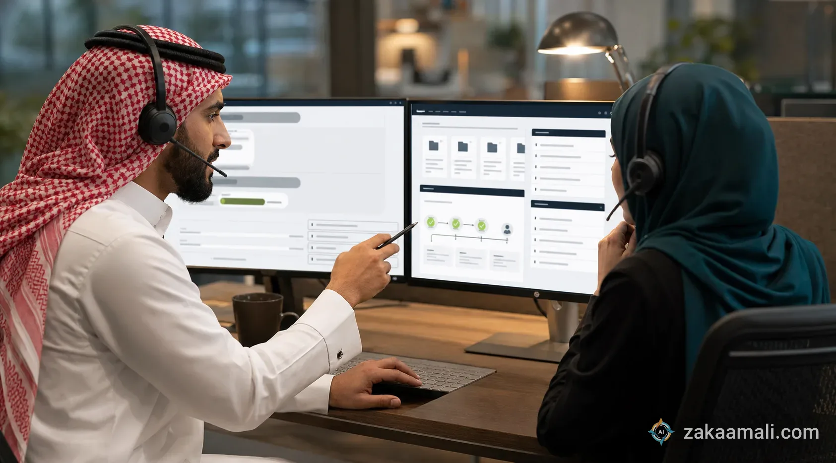فريق خدمة عملاء عربي يعمل مع مساعد ذكاء اصطناعي