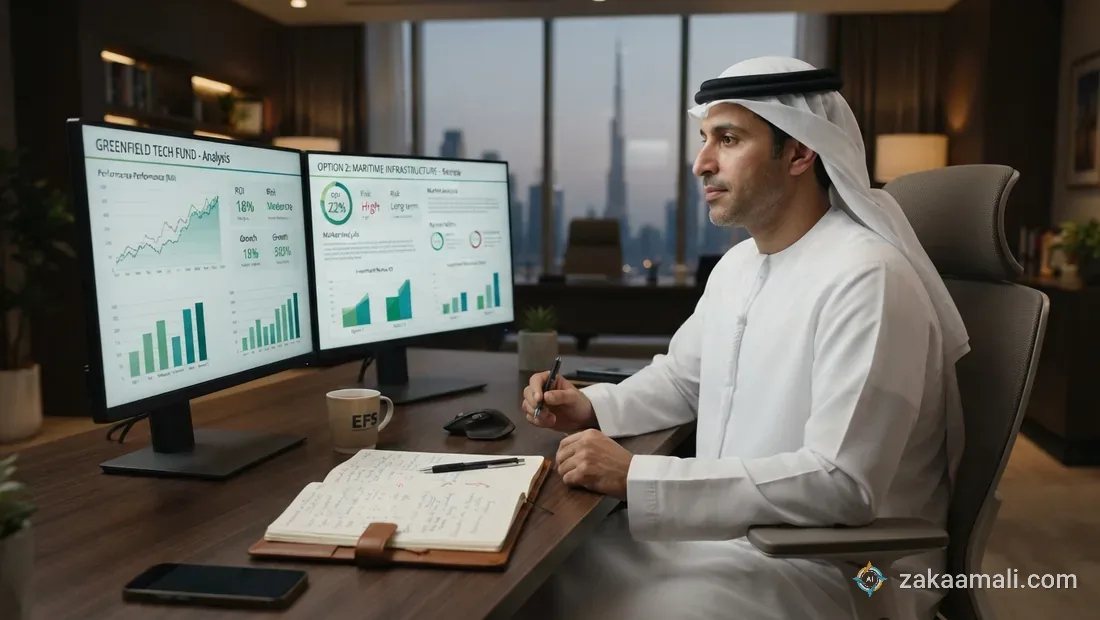 رجل أعمال خليجي في جلسة مراجعة مالية هادئة يقارن بين خيارات استثمارية على شاشتين بمخططات واضحة