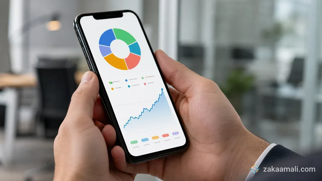 شاشة هاتف تعرض محفظة استثمارية مدارة آلياً بمخطط نمو متصاعد وتوزيع أصول ملون وخلفها مكتب أنيق