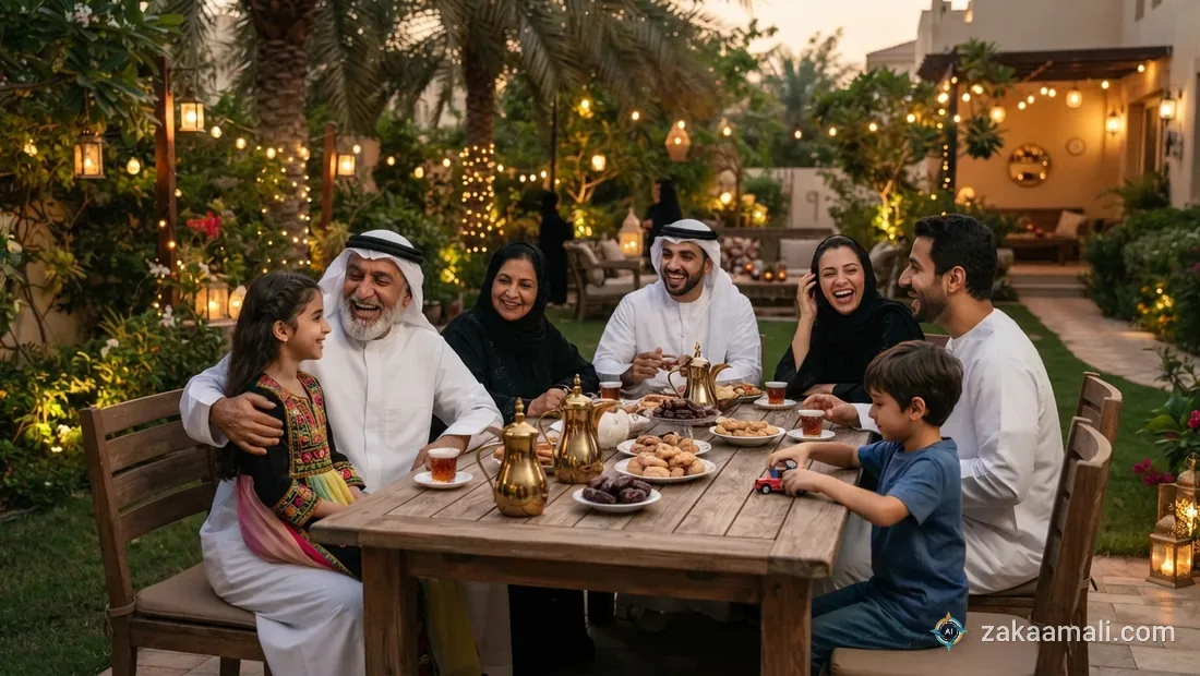 عائلة خليجية ممتدة تقضي وقتاً ممتعاً معاً في حديقة المنزل بعيداً عن الشاشات والأجهزة