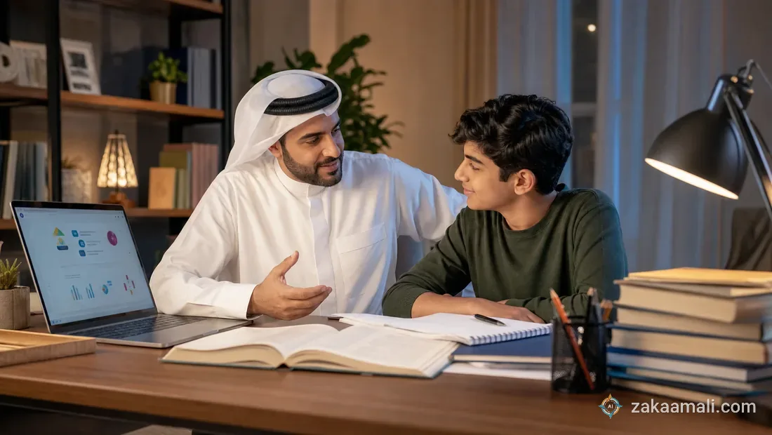 أب خليجي يجلس مع ابنه المراهق أمام الحاسوب في جلسة مراجعة واجبات هادئة يناقشان ما كتبه الابن