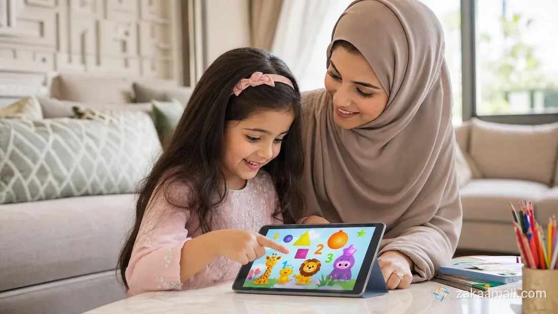 طفلة خليجية تتعلم بحماس على جهاز لوحي تعليمي بجانب والدتها التي تشاركها الشاشة في غرفة معيشة دافئة