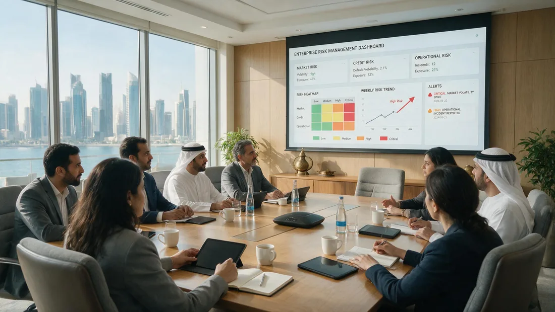 فريق إدارة مشروع خليجي يراجع لوحة تحليل مخاطر ذكية بمؤشرات ملونة على شاشة كبيرة في غرفة تحكم مشروع