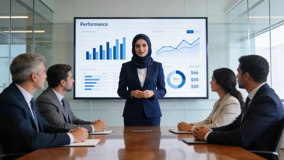 مديرة مشروع سعودية تقدم عرضاً لأصحاب مصلحة في اجتماع تنفيذي بمخططات أداء واضحة على الشاشة
