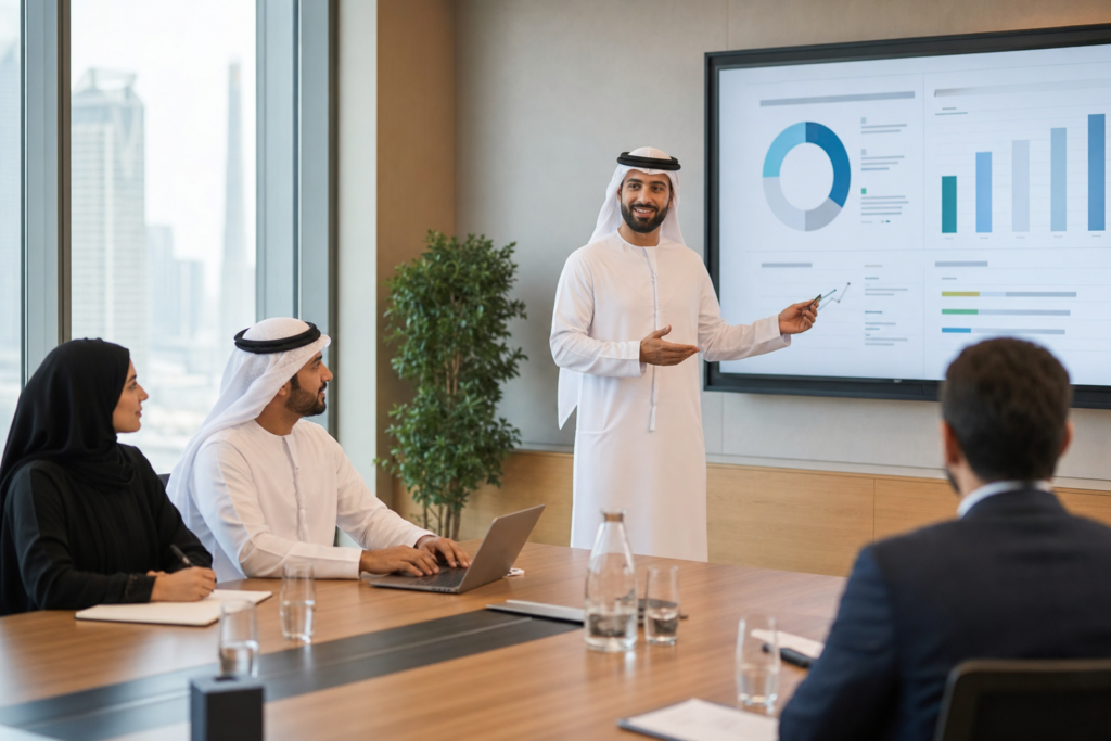 محترف عربي يقدم عرضاً أنشئ بمساعدة الذكاء الاصطناعي إلى فريق عمل