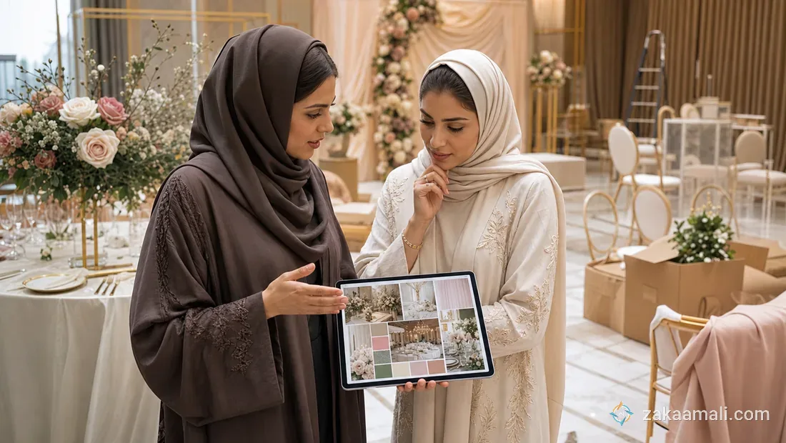 مصمم ديكور خليجي يعرض لوحة مرجعية رقمية لأفكار زينة حفل زفاف فاخر على جهاز لوحي لعميلته