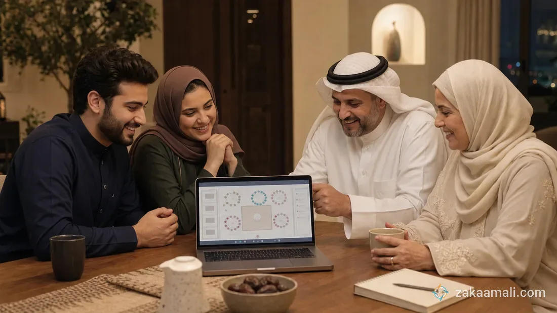 عائلة خليجية تراجع مخطط ترتيب طاولات ضيوف حفل زفاف على شاشة حاسوب محمول بابتسامات رضا