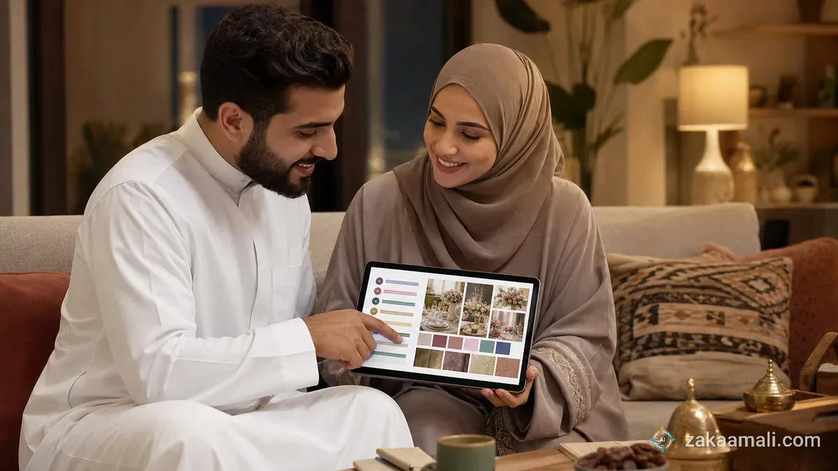 عروسان خليجيان يجلسان معاً في المنزل يخططان تفاصيل حفل زفافهما على جهاز لوحي بابتسامة وحماس