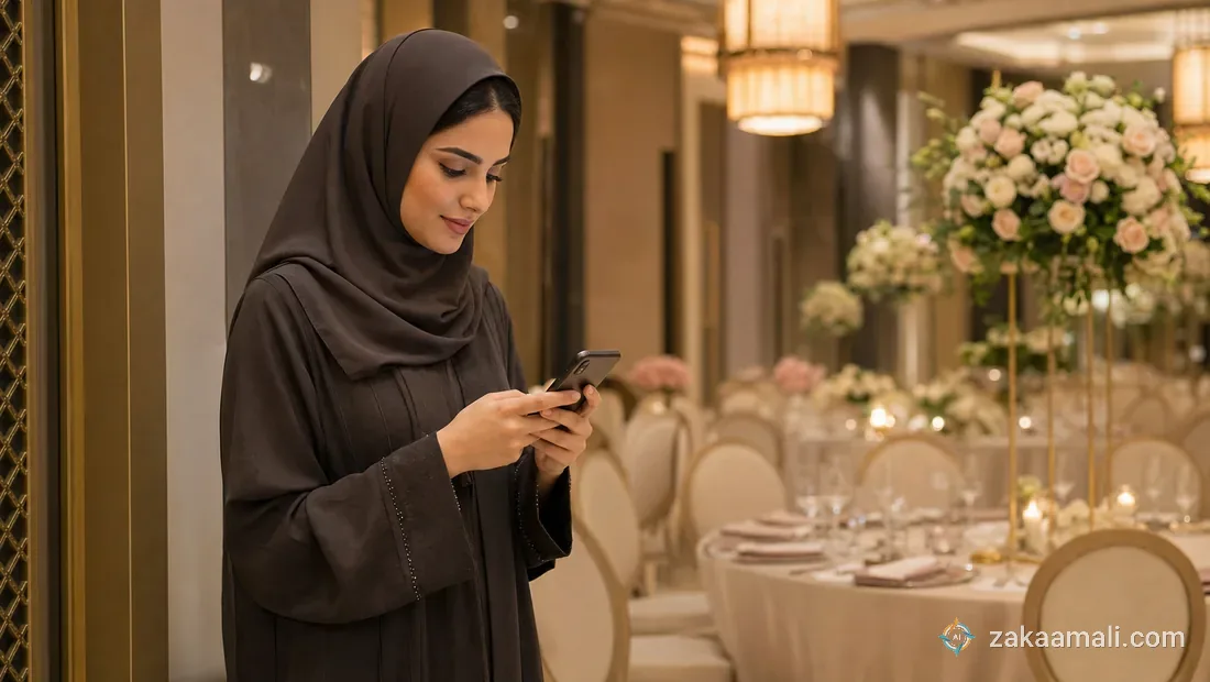 صاحبة قاعة أفراح خليجية أنيقة ترد على استفسارات العملاء عبر هاتفها الذكي داخل قاعة مزينة بإضاءة فاخرة