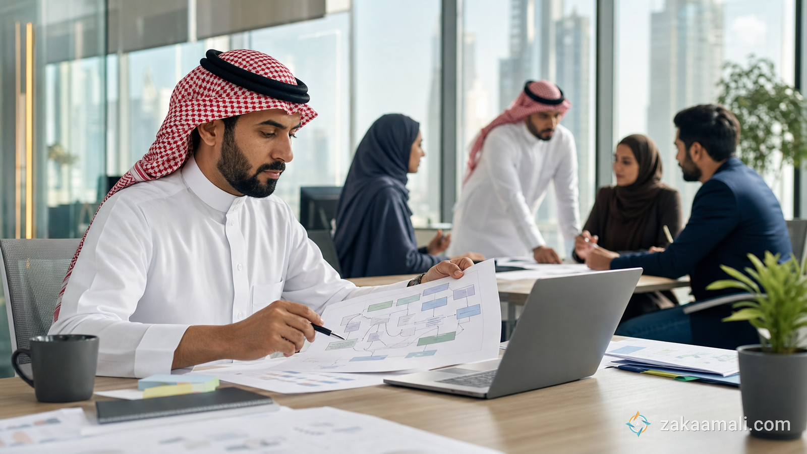 مدير عمليات سعودي يراجع سير عمل لاختيار أداة ذكاء اصطناعي للشركة