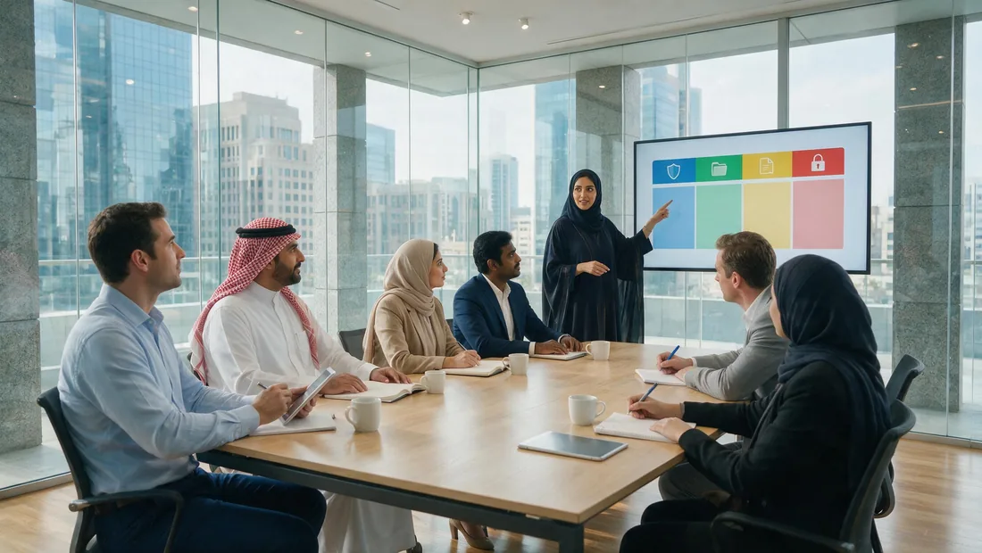 مسؤولة امتثال تشرح سياسة استخدام الذكاء الاصطناعي وتصنيف البيانات لفريق عمل خليجي في قاعة اجتماعات