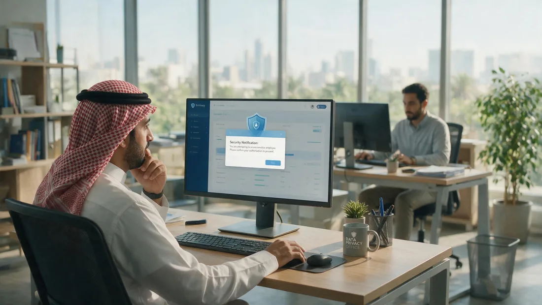 موظف في مكتب خليجي حديث يراجع تنبيه حماية بيانات على شاشة حاسوبه قبل استخدام أداة ذكاء اصطناعي