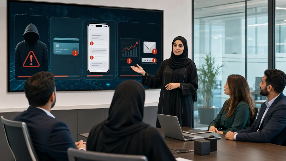جلسة تدريب في شركة خليجية حيث تعرض مسؤولة أمن معلومات أمثلة رسائل احتيال على شاشة أمام الموظفين