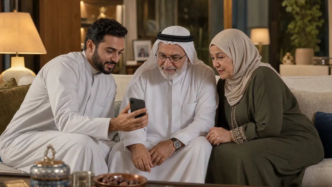 عائلة خليجية في جلسة منزلية دافئة يشرح فيها الابن لوالديه الكبيرين قواعد الأمان الرقمي على الهاتف