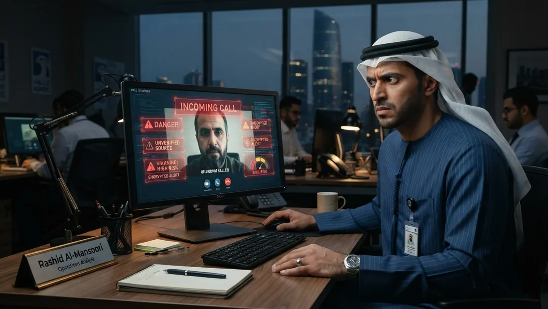 موظف خليجي ينظر بريبة إلى مكالمة فيديو على شاشته مع مؤشرات تحذير رقمية شفافة حول وجه المتصل