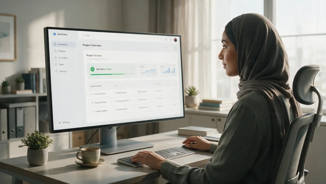 موظفة خليجية تعمل بتركيز على حاسوبها وتظهر على الشاشة واجهة أداة ذكاء اصطناعي مؤسسية معتمدة