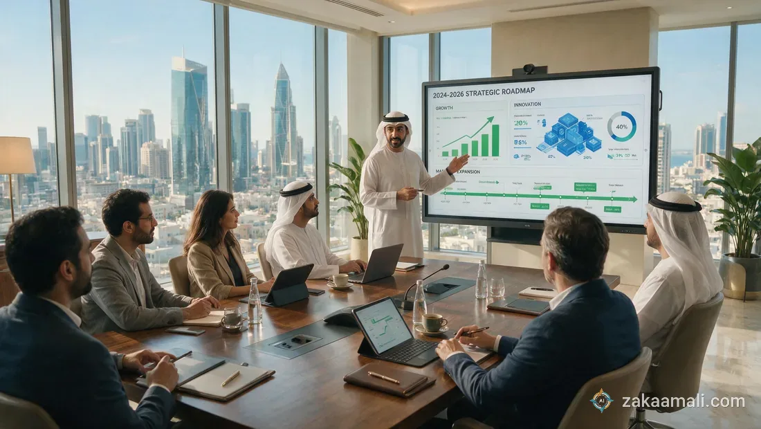 اجتماع عمل في مكتب حديث بأبراج الخليج حيث يعرض مدير خطة تبني الذكاء الاصطناعي أمام فريقه