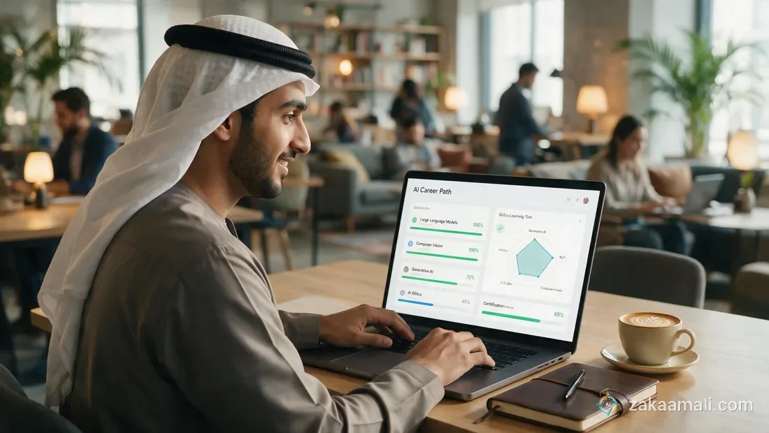 شاب خليجي يعمل على حاسوبه المحمول في مساحة عمل مشتركة ويتابع مسار تعلم الذكاء الاصطناعي خطوة بخطوة