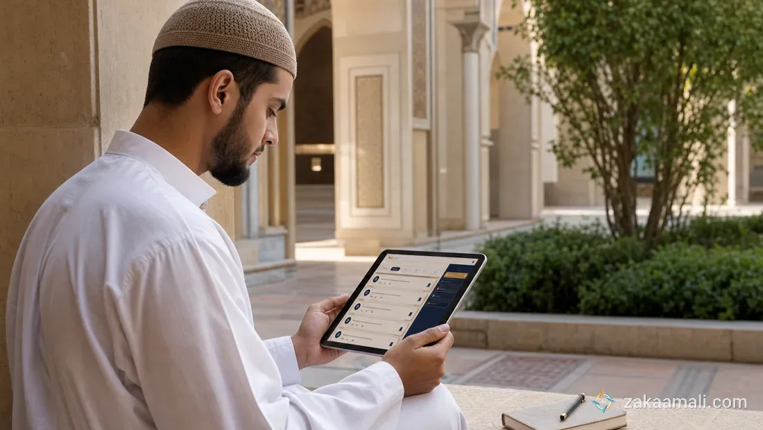 طالب علم شرعي مسلم يستخدم تطبيقاً تعليمياً على جهاز لوحي لفهرسة الأحاديث والبحث في كتب التراث