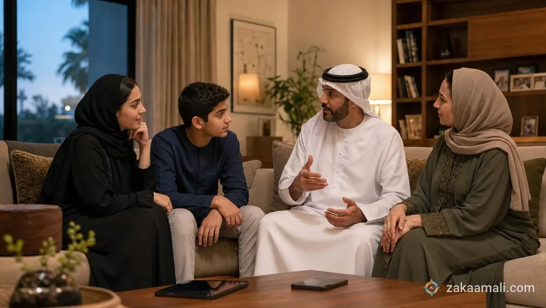 عائلة مسلمة خليجية تتحدث حول طاولة المنزل عن الاستخدام الواعي للتقنية بروح من التوازن والقيم