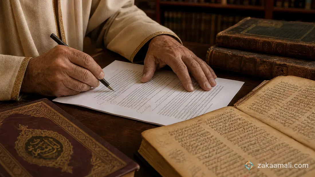 عالم دين مسلم يراجع بحثاً حول الذكاء الاصطناعي بجانب كتب فقهية تراثية على مكتب مضيء بنور طبيعي