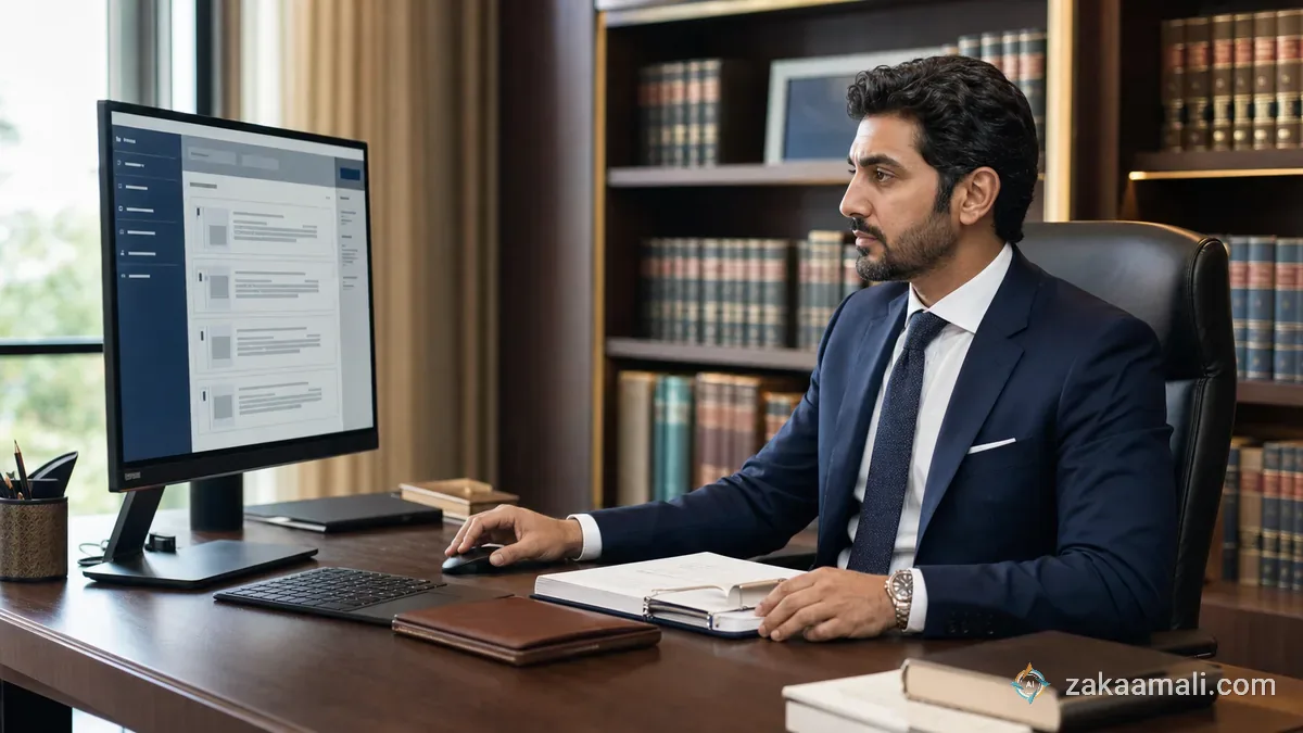 محامٍ خليجي يراجع نتائج بحث قانوني ذكي على شاشة حاسوب في مكتبه مع كتب قانونية على الرفوف خلفه