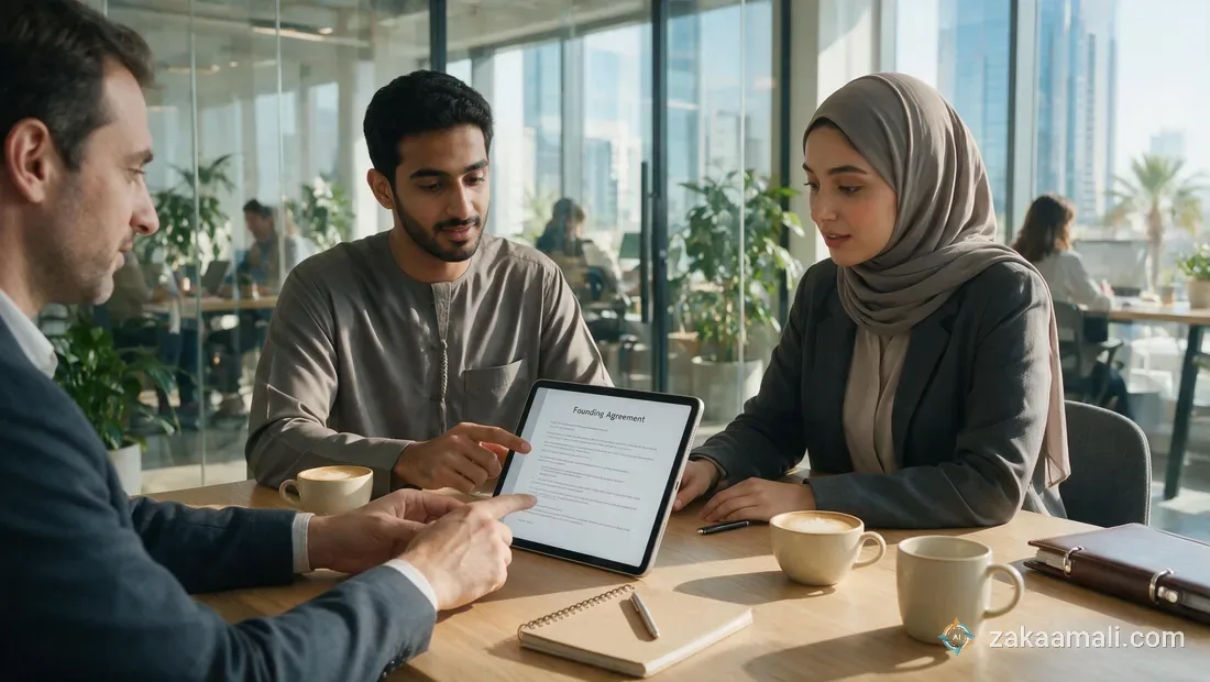 مؤسسا شركة ناشئة خليجية يراجعان اتفاقية تأسيس على جهاز لوحي في مكتب عمل مشترك حديث بحضور مستشار قانوني