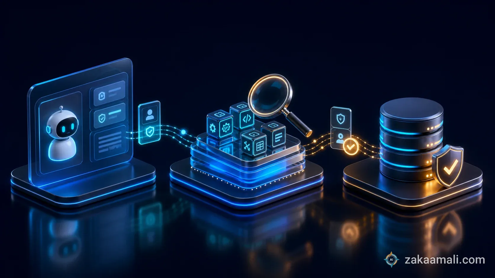 تمثيل ثلاثي الأبعاد لوكيل ذكاء اصطناعي يتصل بأدوات أعمال وبيانات عبر طبقة MCP آمنة