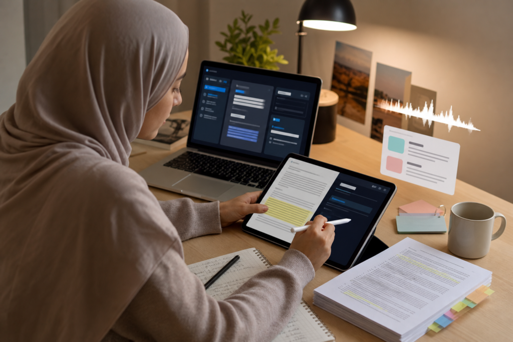 طالبة عربية تراجع ملف PDF وإجابة موثقة باستخدام NotebookLM