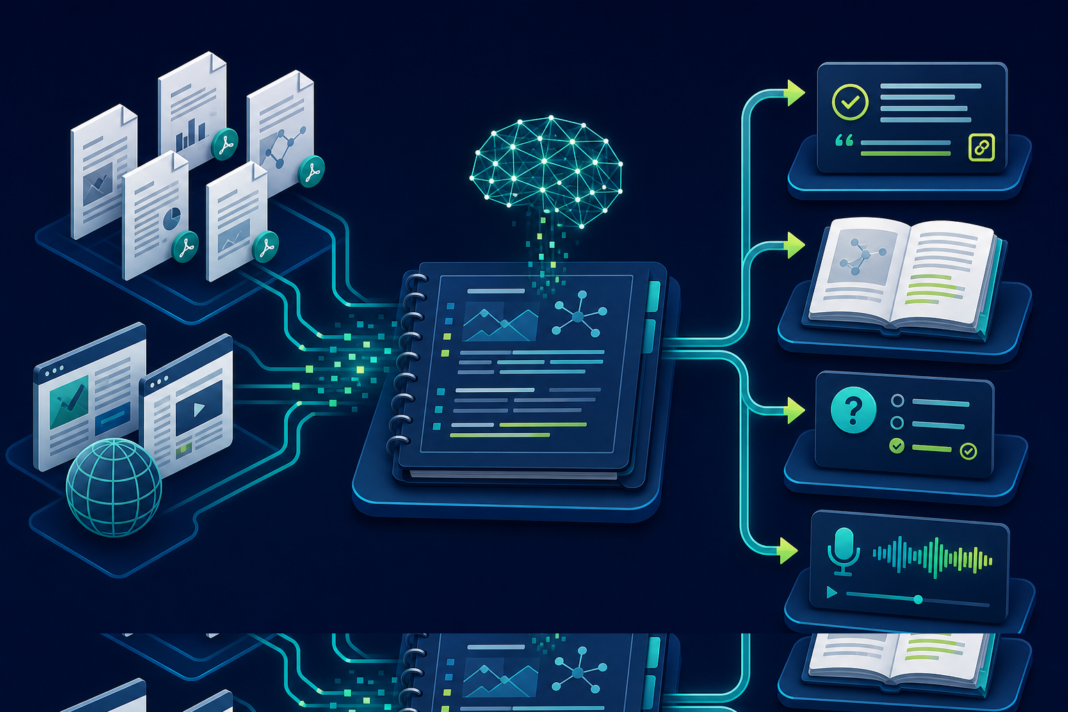كيف يحول NotebookLM ملفات PDF والمصادر إلى إجابات موثقة وملخصات واختبارات ومراجعات صوتية