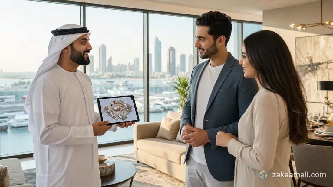 وسيط عقاري خليجي يعرض شقة لعميلين مستخدماً جهازاً لوحياً يظهر جولة افتراضية وبيانات العقار