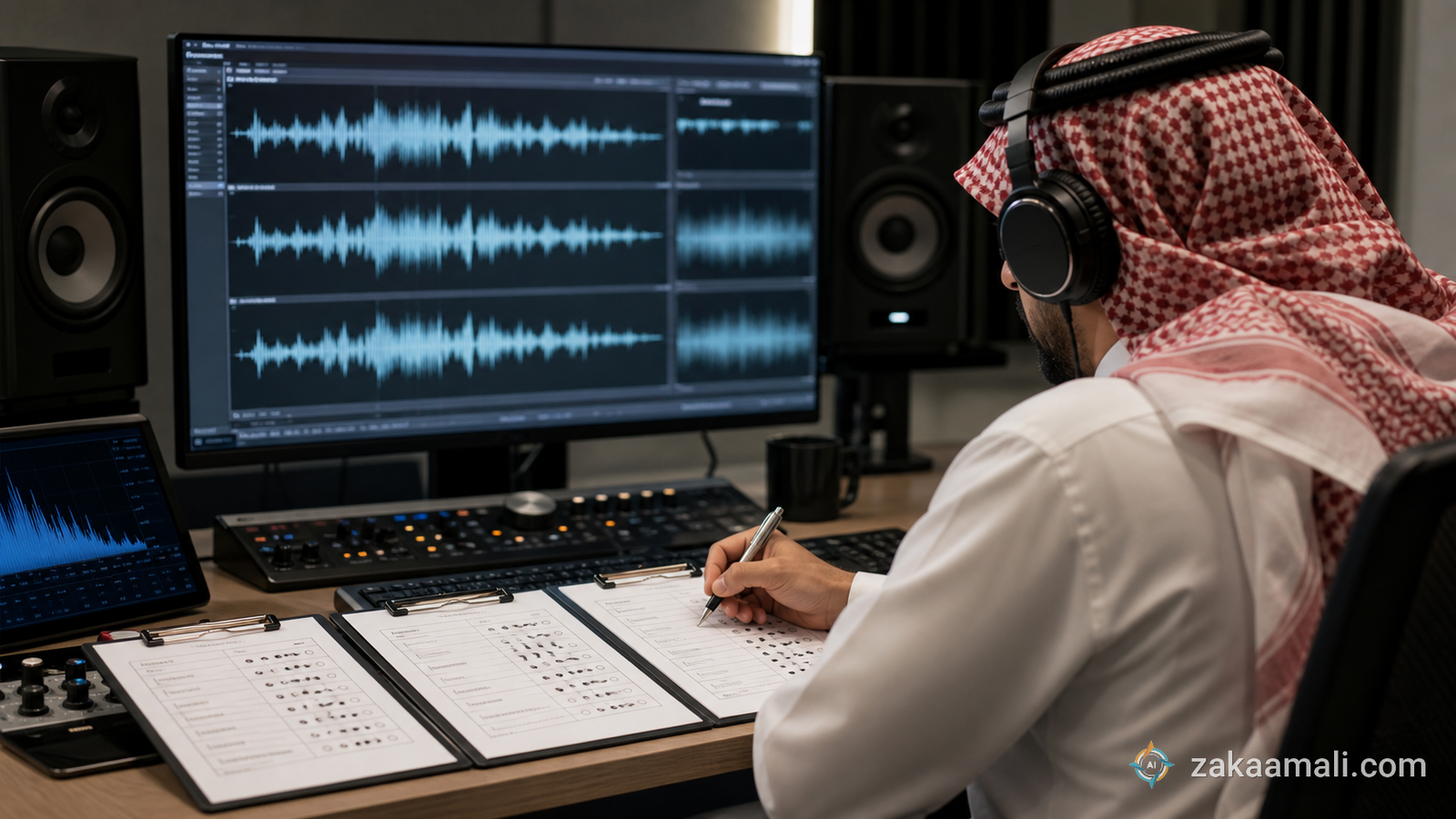 منتج صوت سعودي يجري اختبار استماع أعمى لثلاث نسخ من التسجيل العربي باستخدام سماعات ونماذج تقييم