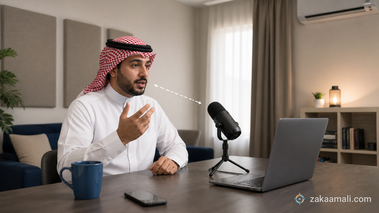 صانع محتوى سعودي يضع الميكروفون قريبًا وبزاوية صحيحة داخل غرفة منزلية لتسجيل صوت عربي واضح