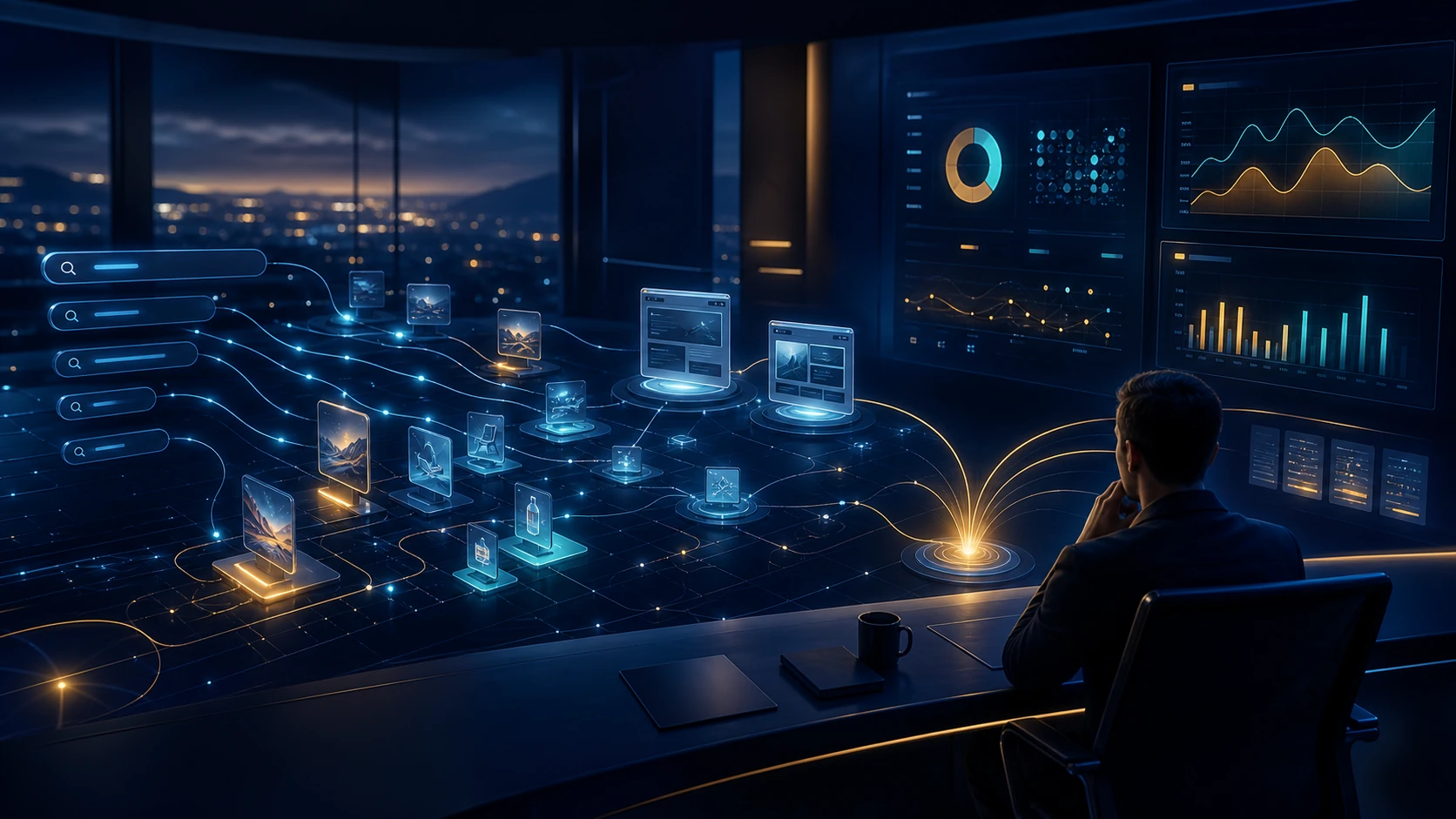 لوحة تقارير AI Max تعرض مصطلحات بحث وصفحات هبوط وأصول إعلانية ومؤشرات تحويل