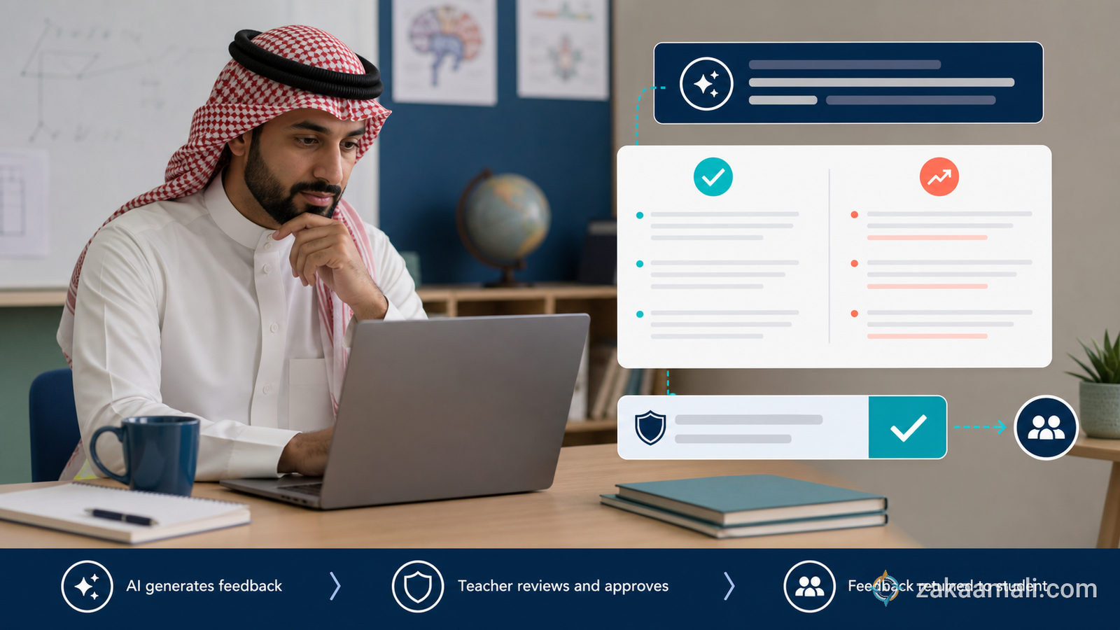معلم يراجع تغذية راجعة مولدة قبل إرسالها للطالب