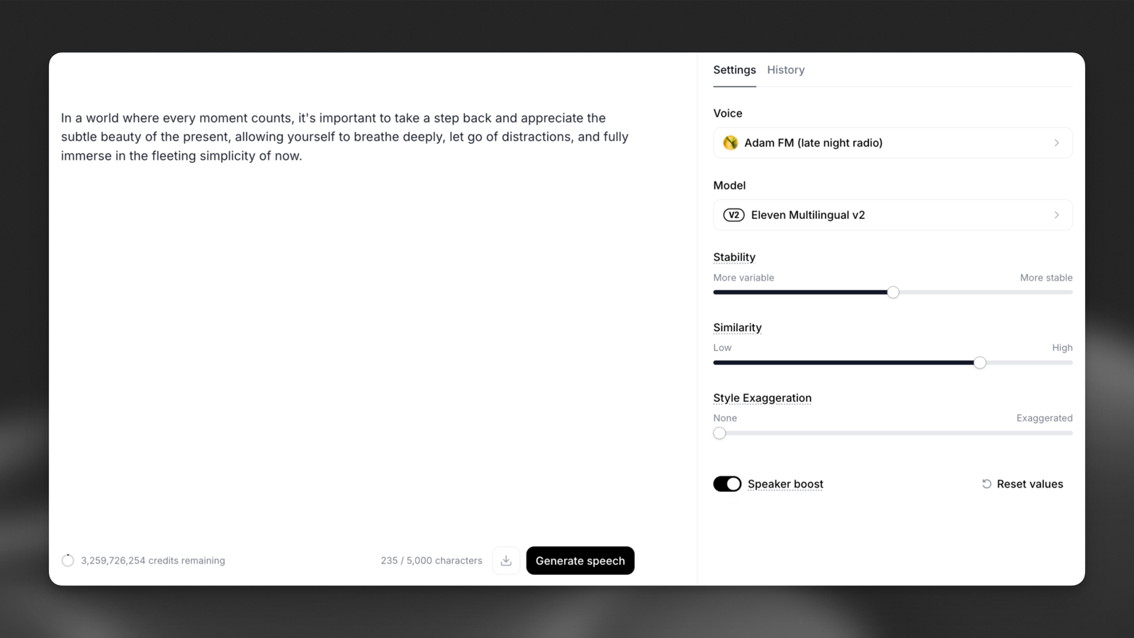 لقطة رسمية من واجهة ElevenLabs لتحويل النص إلى صوت