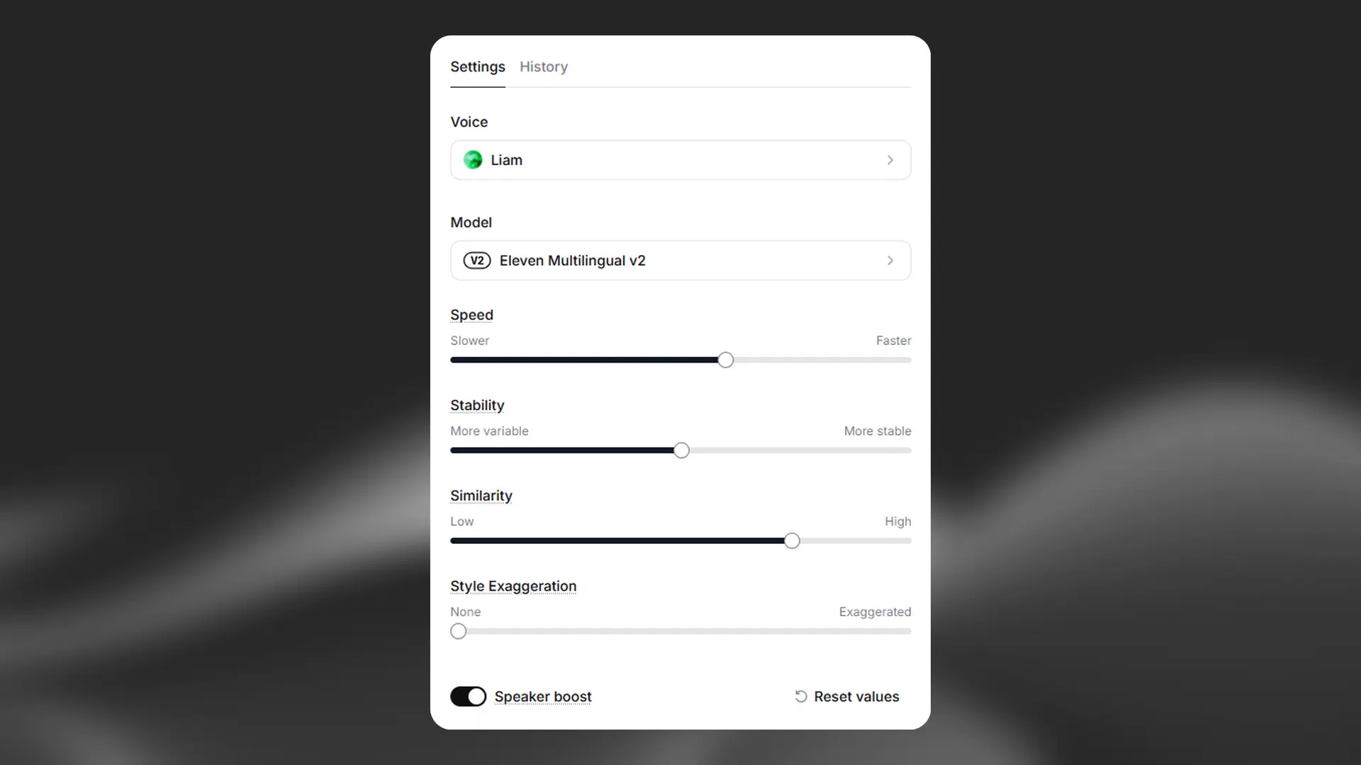 لقطة رسمية من ElevenLabs لإعدادات تحويل النص إلى صوت