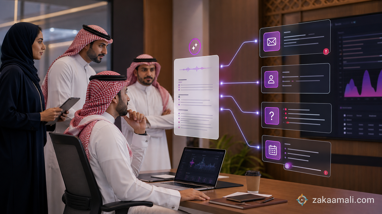 فريق مبيعات سعودي يراجع ملخص اجتماع عميل قبل إنشاء رسالة متابعة وتحديث CRM وأسئلة واجتماع تالٍ