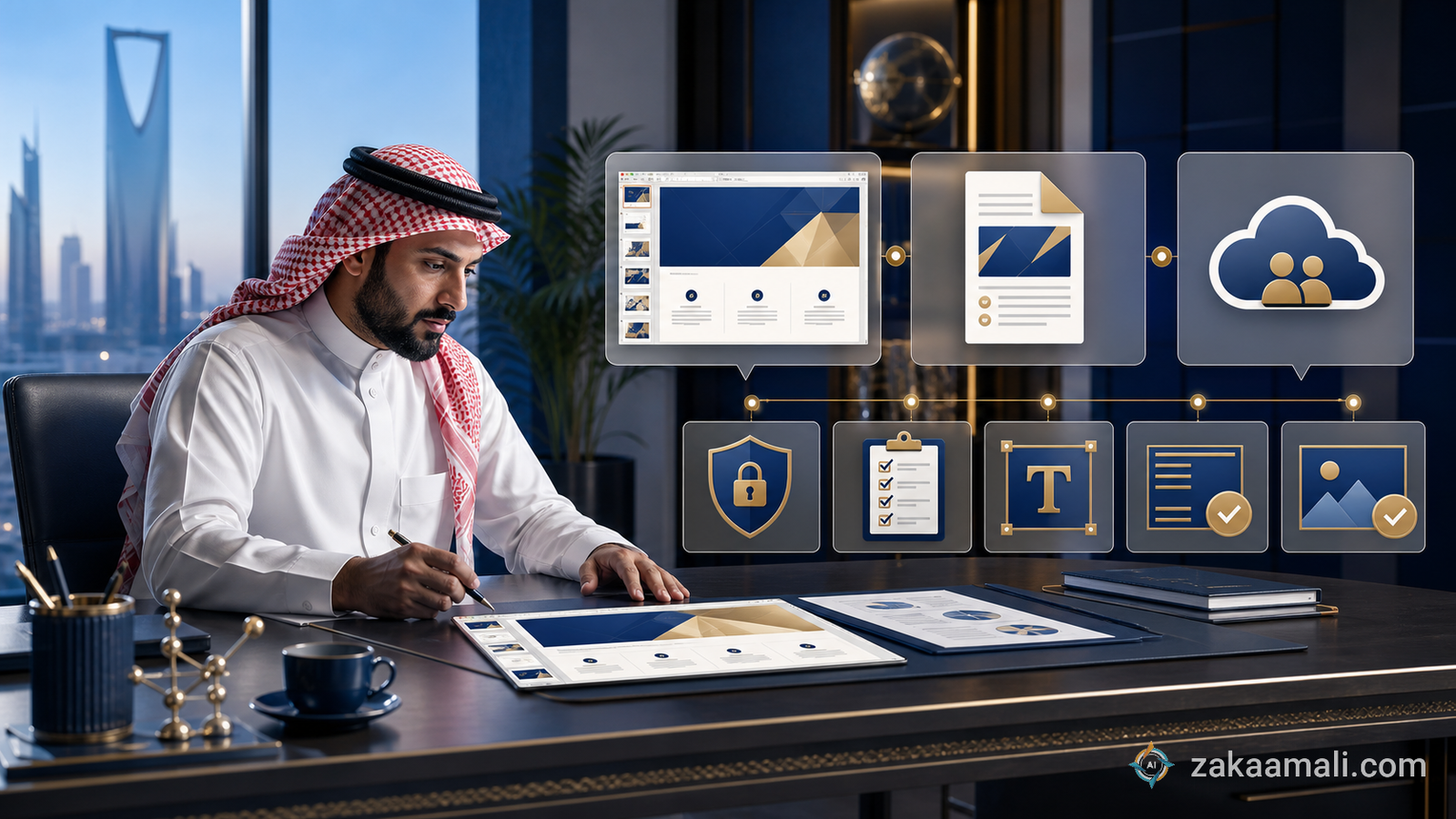 مدير مشروع سعودي يراجع تصدير عرض Gamma ودقة الخطوط والخصوصية قبل التسليم