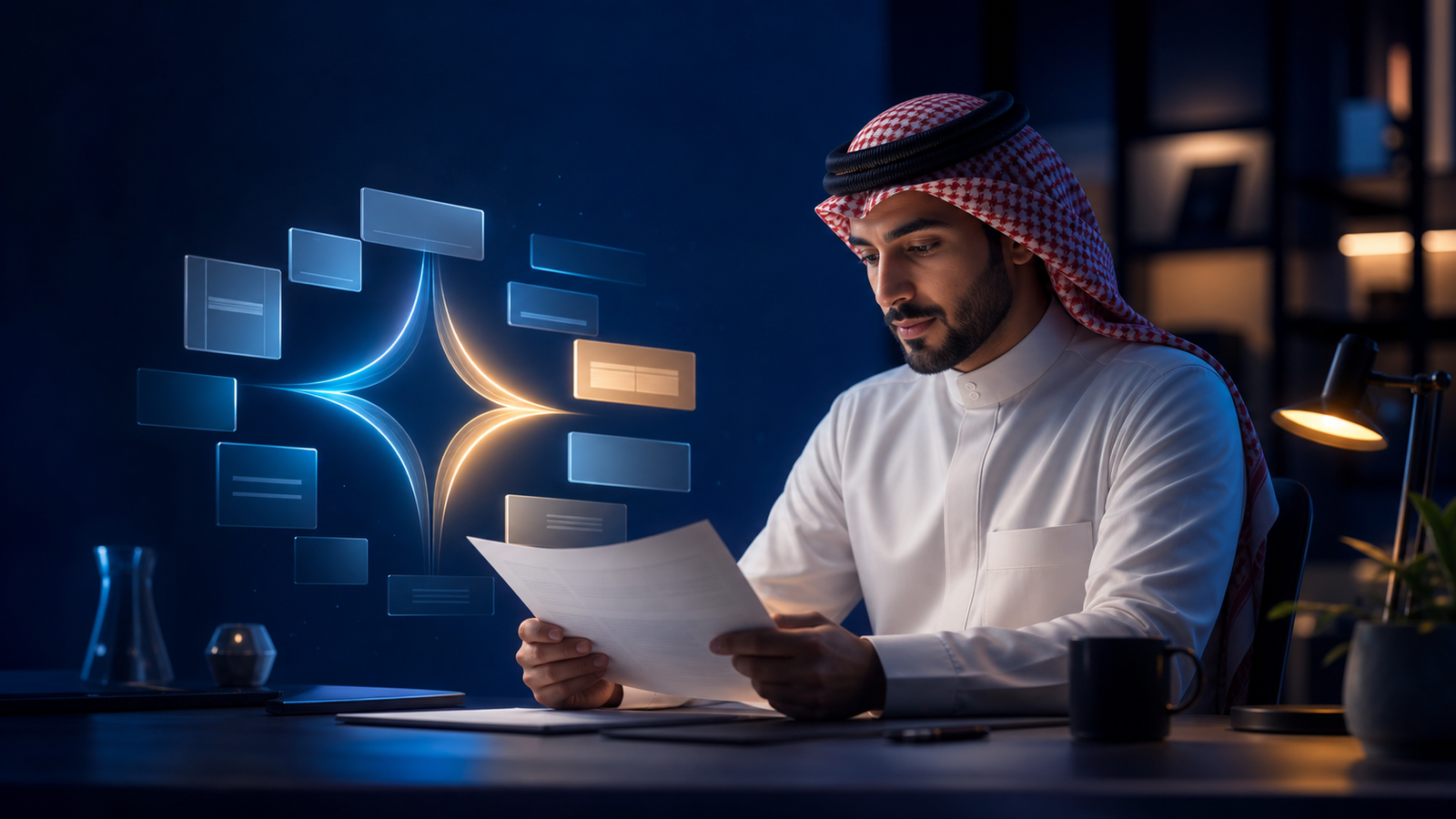 متخصص خليجي يراجع سير عمل تلخيص المستندات بالذكاء الاصطناعي