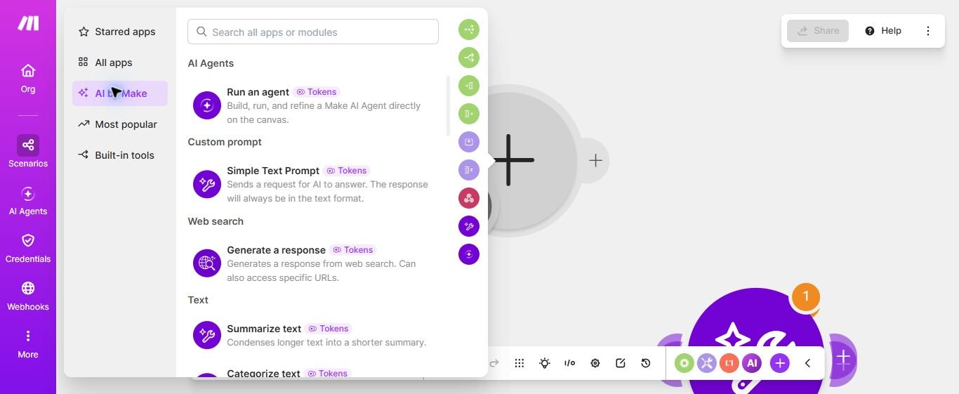 لقطة حقيقية من Make تعرض قائمة مهام AI by Make للنص