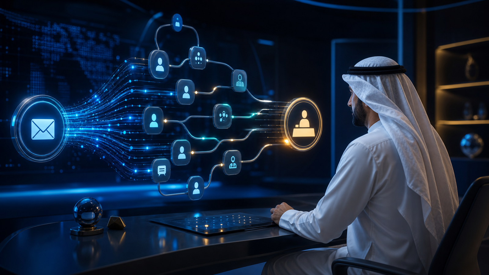 مدير عمليات خليجي يراجع تدفق فرز رسائل العملاء بالذكاء الاصطناعي