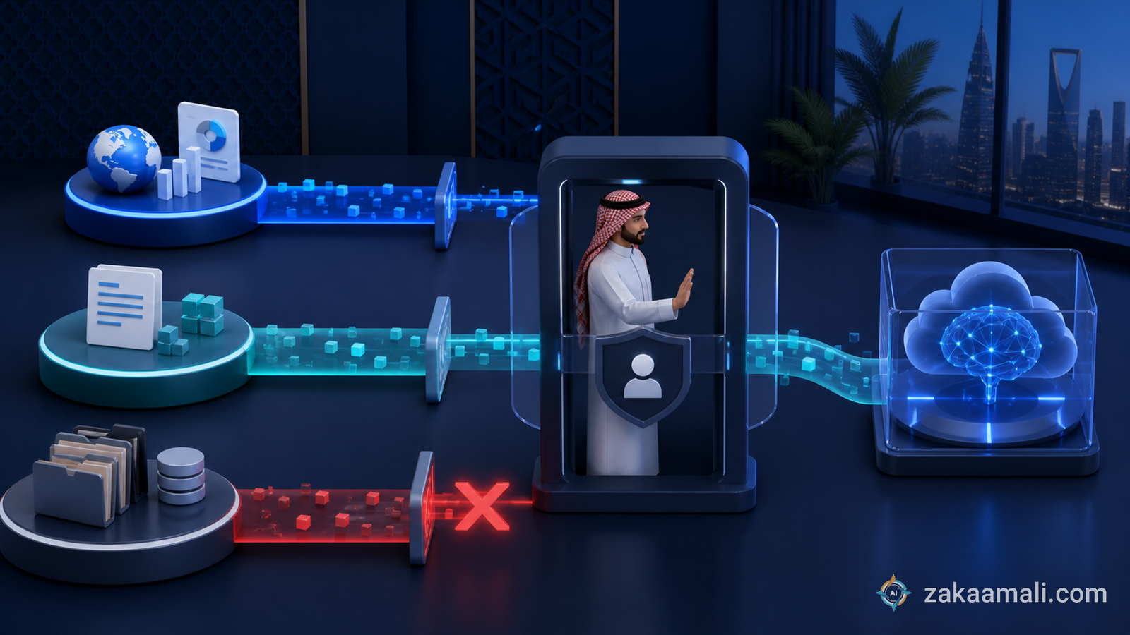 مخطط أمان يسمح بالمصادر العامة والبيانات المنزوعة الهوية ويمنع ملفات العملاء السرية من الوصول إلى وكيل سحابي