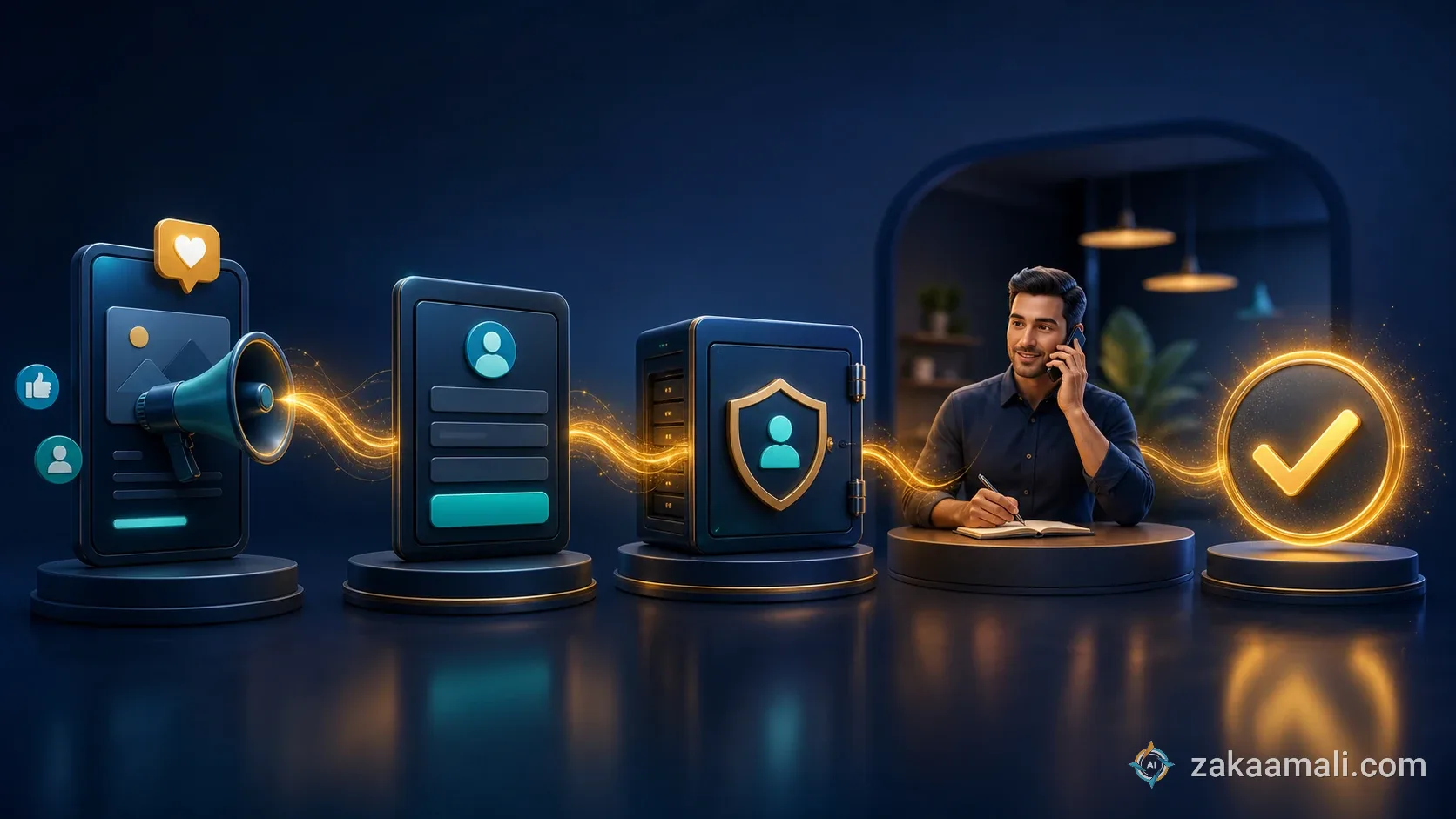 مسار عميل محتمل من إعلان ميتا إلى نموذج وCRM ثم متابعة ومؤهل للبيع
