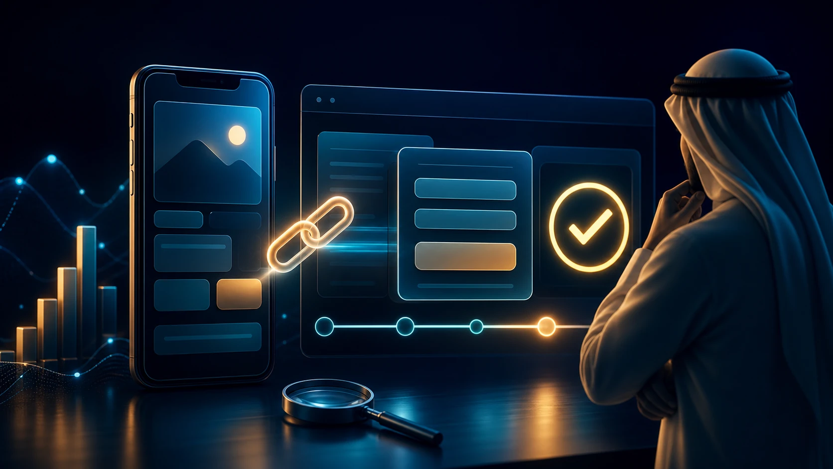 مراجعة رابط UTM على هاتف قبل نشر محتوى سوشيال ميديا مع صفحة هبوط ونموذج تحويل