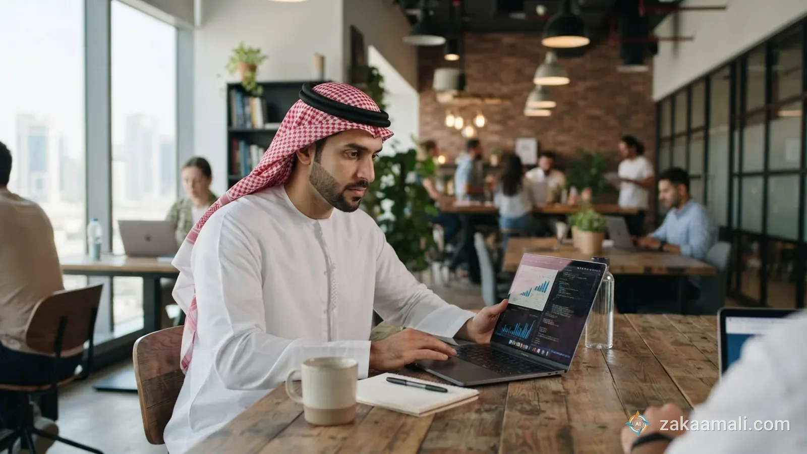 مستخدم خليجي يعمل على الحاسوب في مساحة عمل مشتركة حديثة