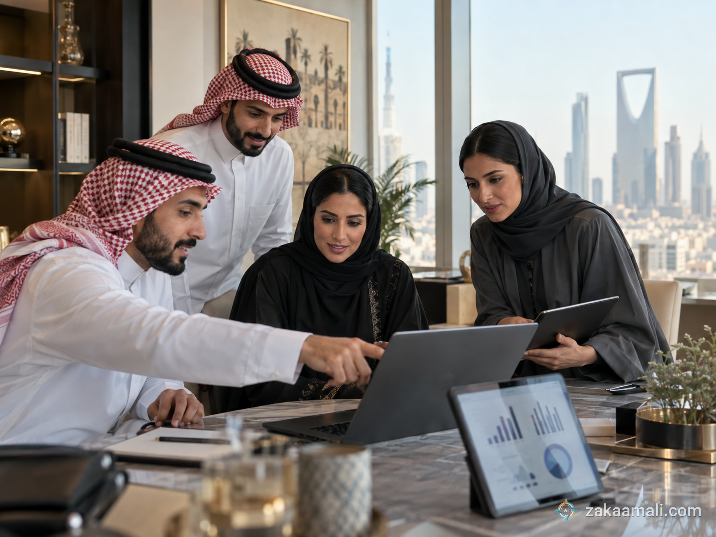 فريق عمل سعودي وخليجي يراجع بيانات وتحليلات الذكاء الاصطناعي على أجهزة لوحية بمكتب حديث في الرياض