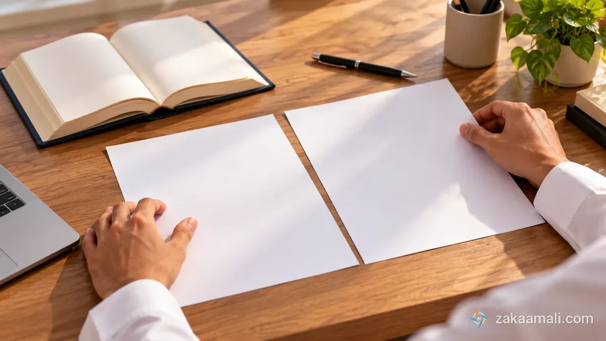 يدان تضعان مسودتين لخطاب الدافع بالعربية والإنجليزية على مكتب خشبي بجانب كتاب مفتوح وقلم